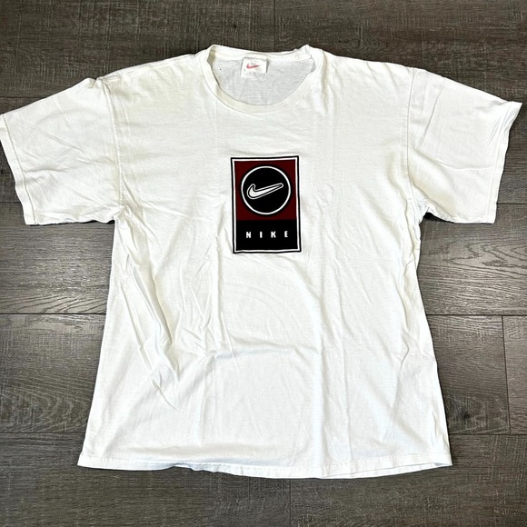 VTG 90s Nike T-Shirt Men's L White Athletic Gym Center Swoosh Velvet Logo Patch - Picture 1 of 5